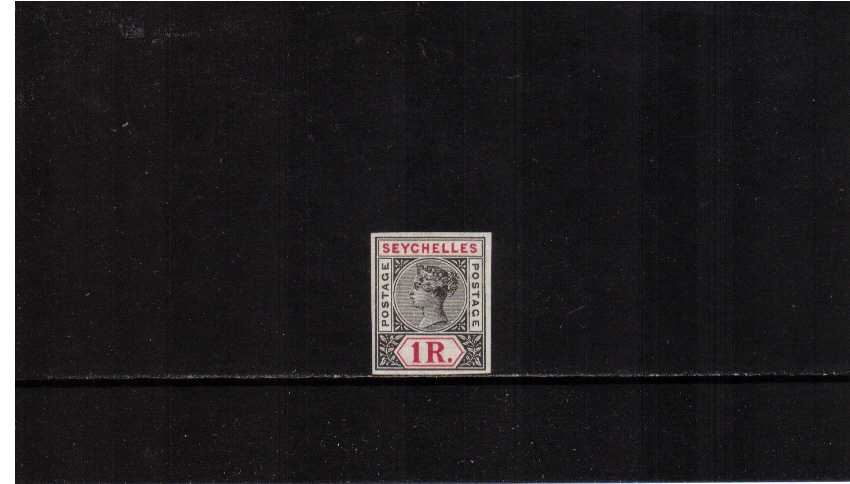 1R Black and Carmine. An imperforate colour trail on gummed, unwatermarked paper. Scarce.