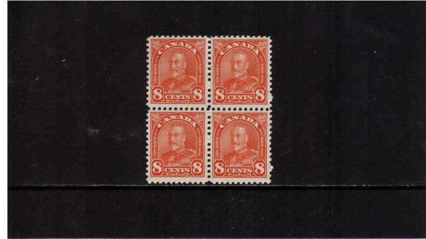 8c Red-Orange. A stunning superb unmounted mint block of four with bright vibrant colour and lovely centering. Very pretty!