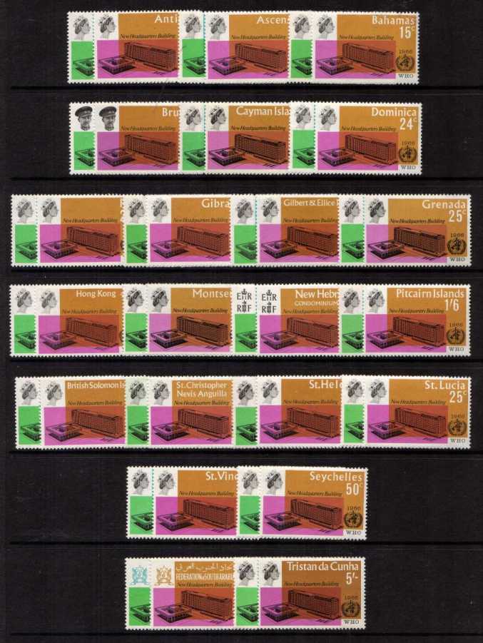 W.H.O. New Headquarters - Crown Colonies - set of 22 Countries - 44 stamps in total - superb unmounted mint.