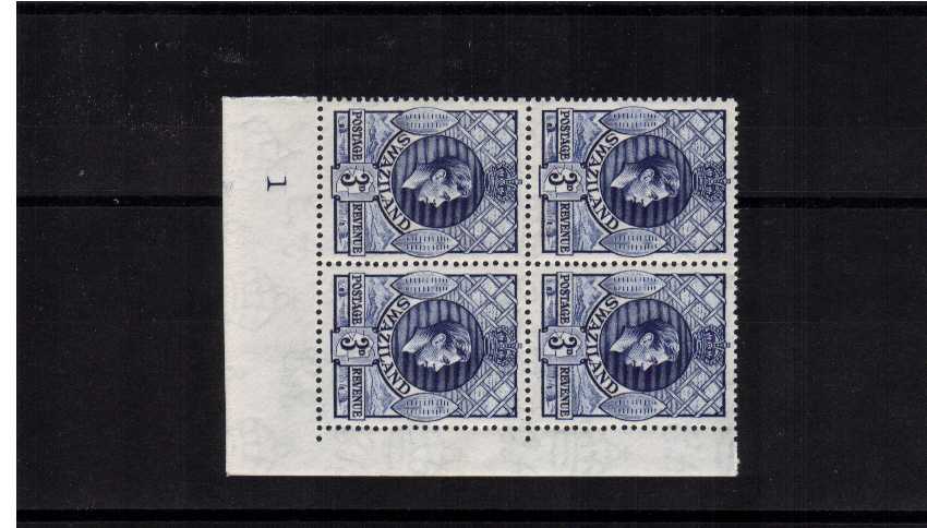 3d Deep Blue shade single in a superb unmounted mint plate block of four one hinged on margin.   SG Cat for singles 64  c4qr