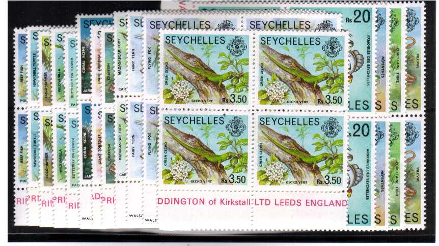 Flora and Fauna set of sixteen in superb unmounted mint marginal blocks of four.