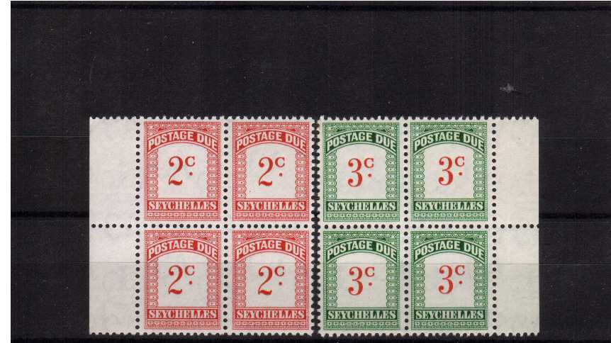 Postage Due set of two in superb unmounted mint matginal blocks of four.