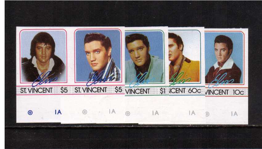 Elvis Presley set of eight in lower marginal imperforate pairs. Rare and unlisted.