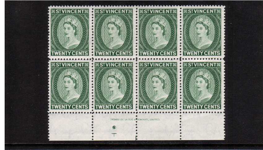20c Green in a superb unmounted mint lower marginal imprint block of eight.