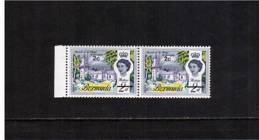 Decimal currency overprint 2c on 2d in left side marginal pair showing 