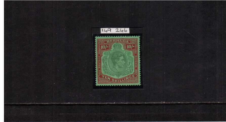 10/- Bluish Green and Deep Red on Green - Perforation 14 lightly mounted mint with the benefit of a RPS certificate.