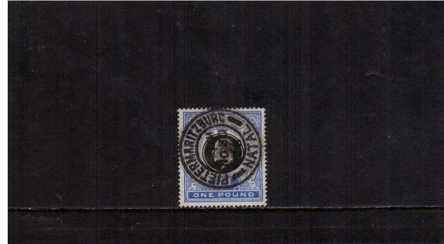 �1 Black and Bright Blue. A stunning fine used stamp cancelled with a PIETERMARITZBURG - NATAL double ring circular date stamp dated NO 30 05. Superb!
<br/><br/>
<b>NYQ11</b>