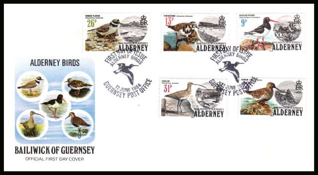 Alderney Birds set of five 
on unaddressed illustrated First Day Cover with special cancel.