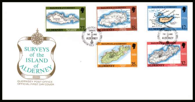 Maps Surveys of Alderney set of five on unaddressed illustrated First Day Cover with special cancel.