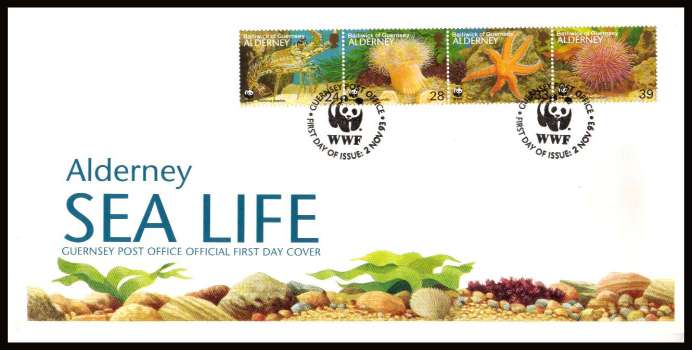 Sea Life strip of four on unaddressed illustrated First Day Cover with special cancel.