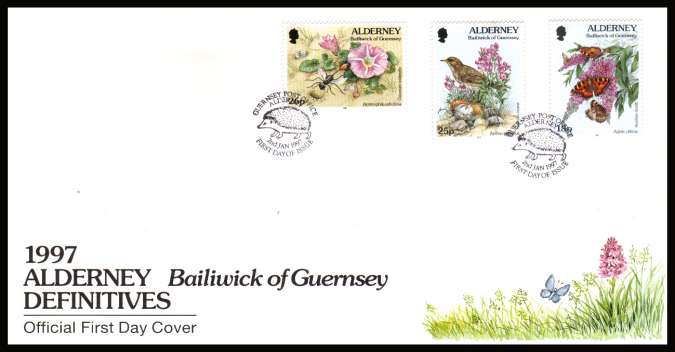 18p-26p Definitive set of three on unaddressed illustrated First Day Cover with special cancel.