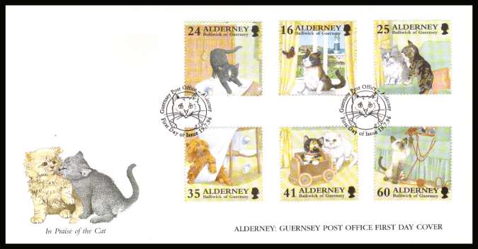 Cats set of six on unaddressed illustrated First Day Cover with special cancel.