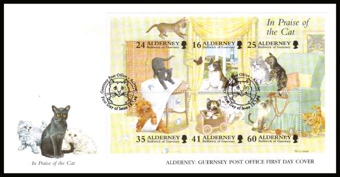Cats minisheet on unaddressed illustrated First Day Cover with special cancel.