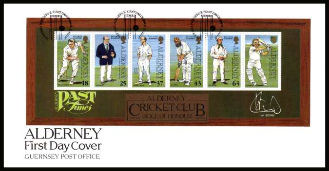 150th Anniversary of Cricket on Alderney minisheet on unaddressed illustrated First Day Cover with special cancel.