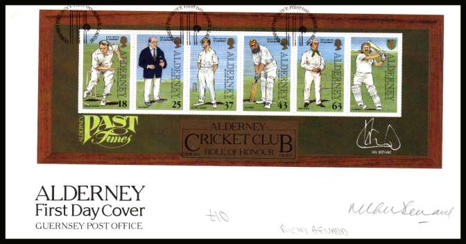 150th Anniversary  of Cricket on Alderney minisheet signed by RICHIE BENAUD on unaddressed illustrated First Day Cover with special cancel.