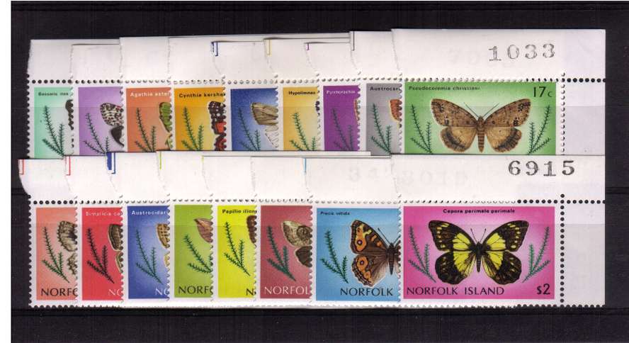 The Butterflies set of seventeen in superb unmounted mint NE Corner sheet singles each showing sheet number.
<br/><b>QQP</b>