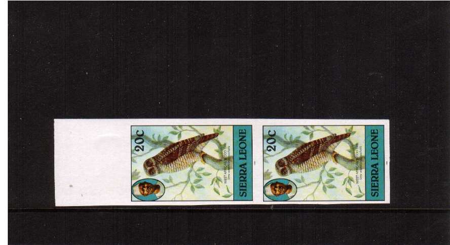 20c African Wood Owl from Birds issue - Imprint Date 1983 - in a superb unmounted mint top marginal IMPERFORATE pair that seems to be unrecorded by SG or PIERRON! Note the usual imperfs from the printers were dated 1981.
<br/><b>QQP</b>