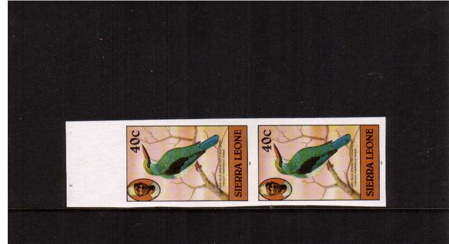 40c Blue-breasted Kingfisher from Birds issue - Imprint Date 1983 -  in a superb unmounted mint top marginal IMPERFORATE pair that seems to be unrecorded by SG or PIERRON. Note the usual imperfs from the printers were dated 1981.
<br/><b>QQP</b>
