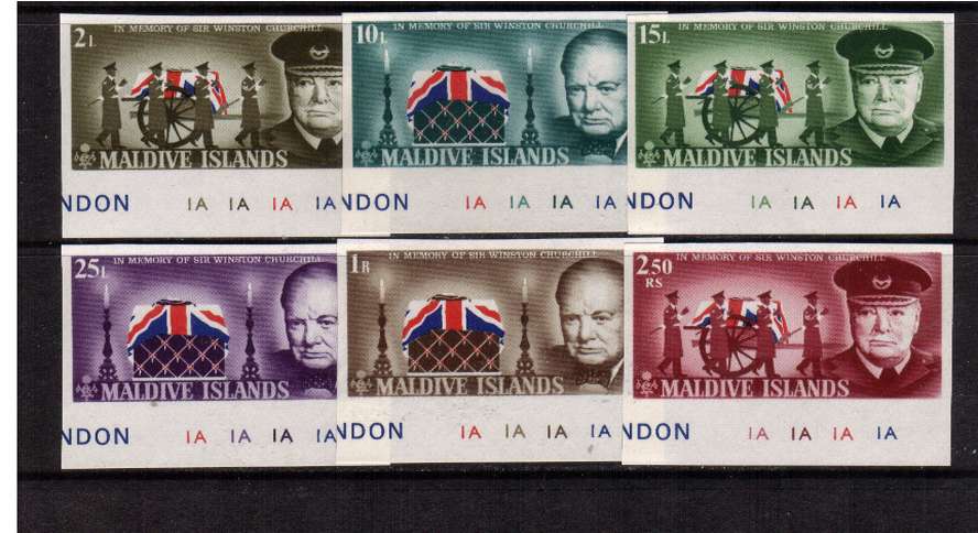 The Churchill set of six superb unmounted mint IMPERFORATE all lower marginal and showing cylinder numbers. Unique??
<br/><b>QQZ</b>