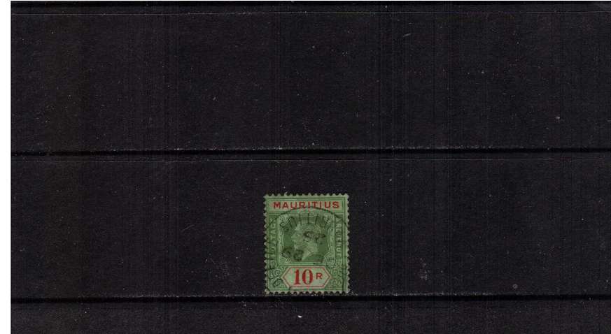 10R Green and Red on Emeral Back - Die II<br/>A superb fine used stamp cancelled with a steel circular date stamd dated DE 29 25. SG Cat �140