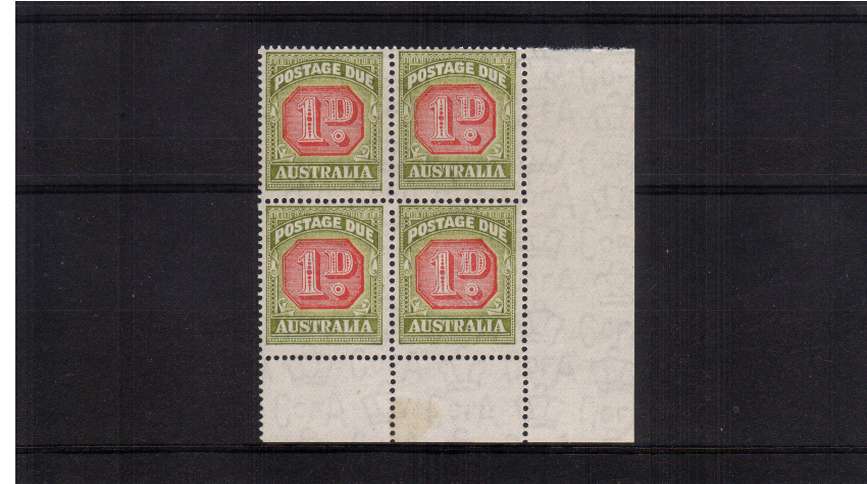 The 1d Carmine and Green Postage Due in a superb unmounted mint SE corner block of four.
<br/><b>QQIG</b>