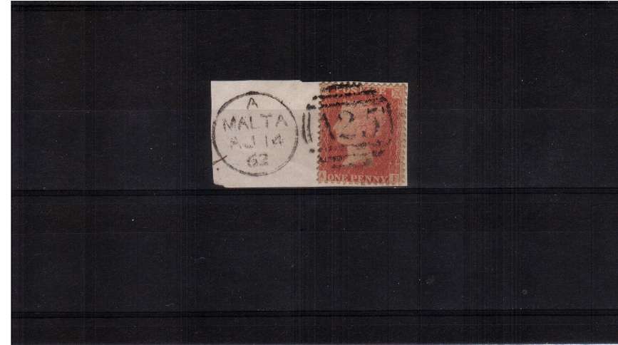 !d Red ''Stars'' lettered ''A-F'' tied to a small piece with a clear strike of a MALTA duplex cancel dated AU 14 62. 
<br/><b>QQIG</b>