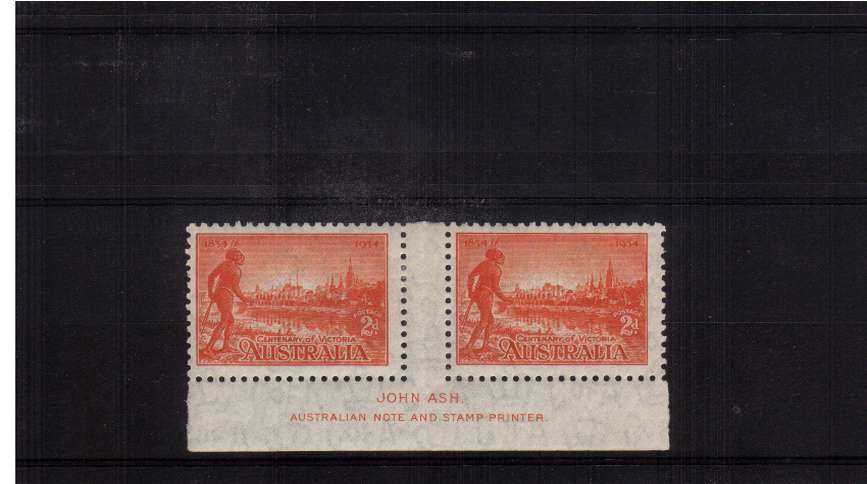 2d Centenary of Victoria - Perf 10� in a lower marginal lightly mounted mint ''JOHN ASH'' imprint gutter pair.