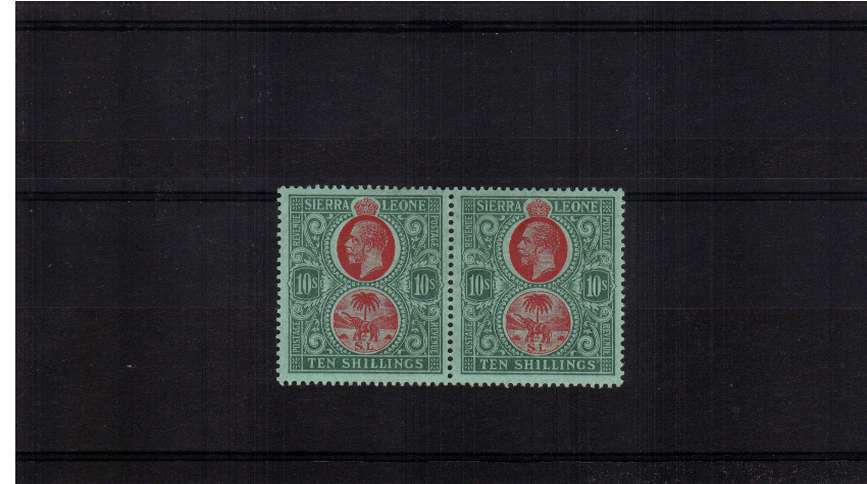 10/- Carmine and Blue-Green on Green<br/>A superb bery lightly mounted mint pair.<b/>SG Cat �200