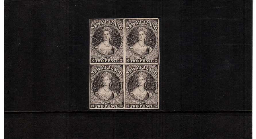 imperforate plate proof of the chalon head on thick card in a block of 4 - superb front page for a NZ collection