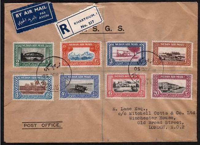 The complete set of eight on Registered cover dated 8 AUG 50 to London.<br/>Note: Not First Day