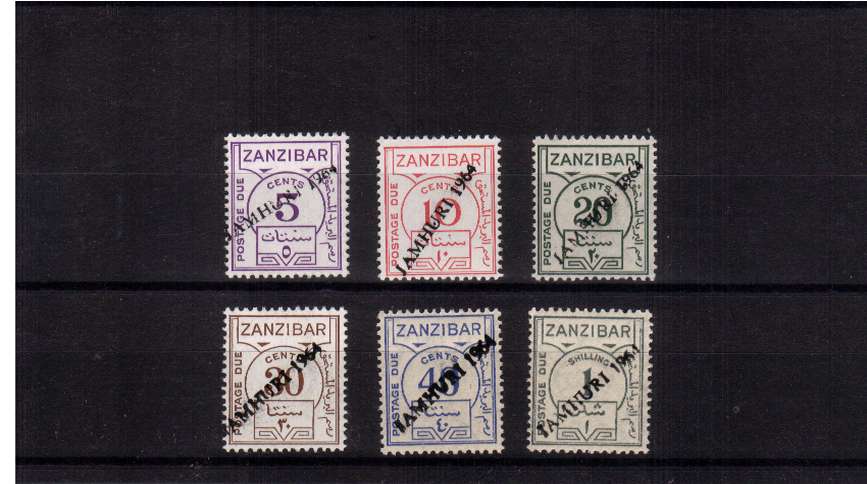 Postage Due set of six with handstamp overprint ''JAMHURI 1964'' superb unmounted mint. Note this set is footnote listed and SG numbers quoted have been allocated by me!<br/>A rare set though.
<br/><b>QXQ</b>