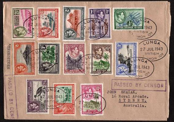 The complete George 6th definitive set on REGISTERED cover to SYDNEY - AUSTRALIA cancelled with nine strikes of an oval LUNGA cancel dated 27 JUL 1943 thus not First Day.
<br/><b>QXQ</b>