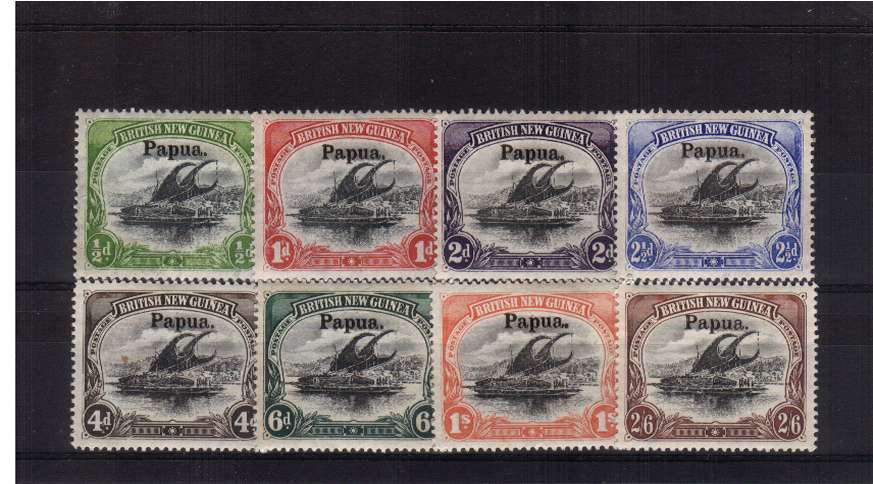 The ''Lakatoi'' set of eight overprinted with the larger PAPUA  fine UNMOUNTED MINT. Please note that although unmounted the gums do have small black flecks in the gum due to the overprinting. Rareunmounted. SG Cat �400 for mounted.<br/><b>QQT</b>