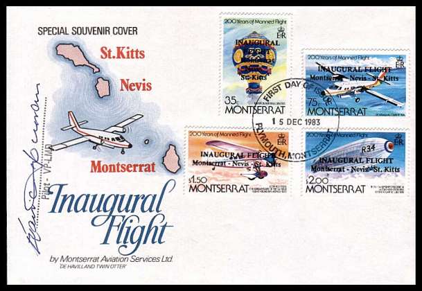 Bicentenary of Manned Flight set of four with INAUGURAL FLIGHT overprint. This set was not released but according to GIBBONS 100 sets were used on flown covers like this one!