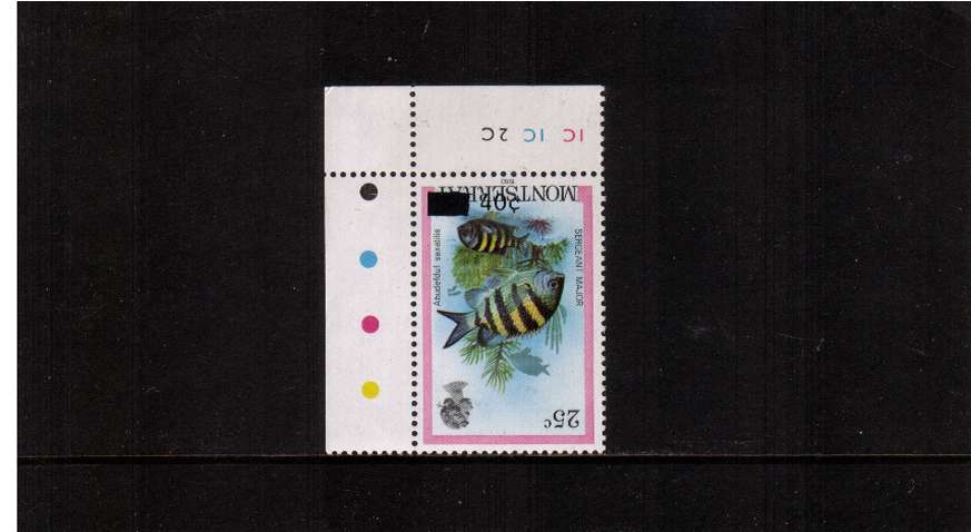 40c on 25c Fish definitive single superb unmounted mint from SE corner of the sheet showing OVERPRINT INVERTED