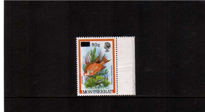 90c on 10c Fish definitive right side marginal single showing overprint on wrong stamp. Should be on 65c, this is on 10c. The stamp has a horizontal paper ripple caused in printing production. SG �80