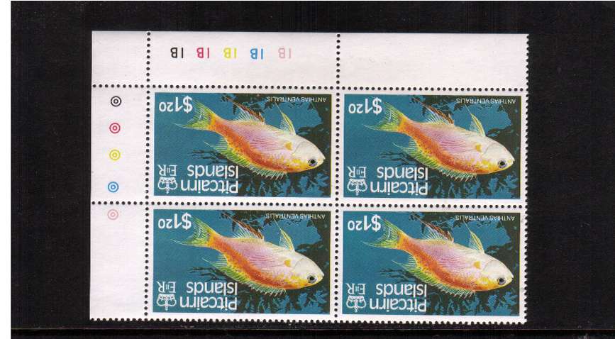 The $1.20 Fishes single in a superb unmounted mint corner cylinder block of four with WATERMARK INVERTED.