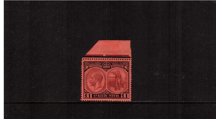 The �1 Purple and Black on Red superb unmounted mint top marginal stamp. This stamp was previously mounted on the sheet margin. A gem!
<br/><b>ZQA</b>