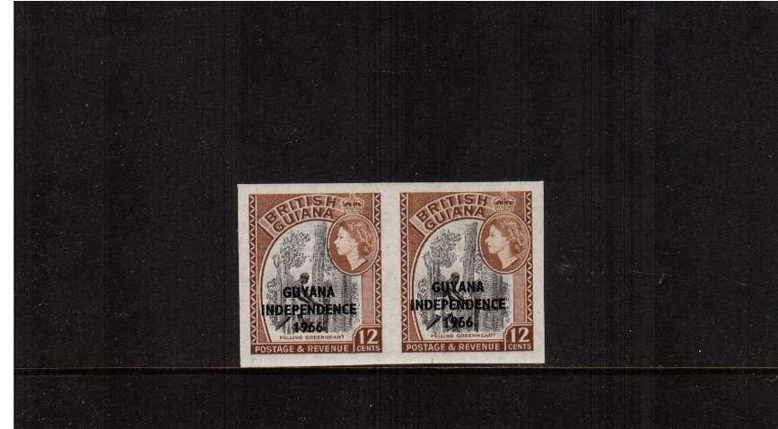12c Black and Yellowish Brown - Upright Block Watermark. A superb unmounted mint imperforate pair. Seems to be unrecorded! 
<br/><b>ZQA</b>