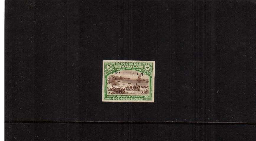 A colour trial handstamped  ''SPECIMEN'' printed on thin card in the unissued colours of Green and Brown. Issued colours are Green and Blue. Unusual!  
<br/><b>ZQA</b>