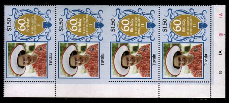 60th Birthday of Queen Elizabeth II $1.50 value in a superb unmounted mint vertical strip showing perforation comb jump resulting in an IMPERFORATE PAIR