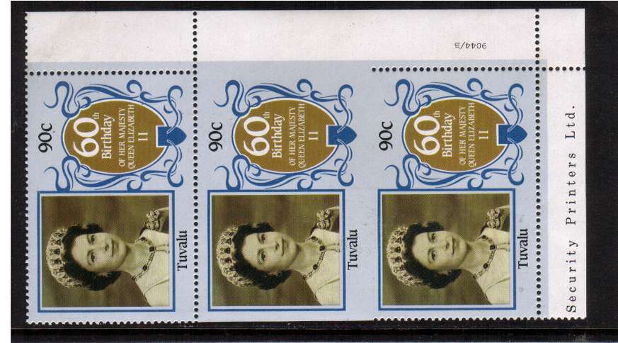 60th Birthday of Queen Elizabeth II 90c in a superb unmounted mint vertical strip showing perforation comb jump resulting in an IMPERFORATE PAIR