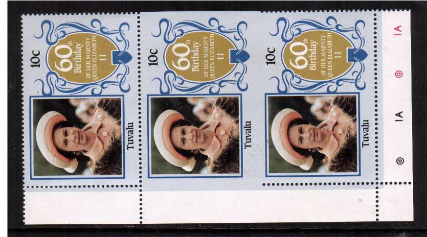 60th Birthday of Queen Elizabeth II 10c value in a superb unmounted mint vertical strip showing perforation comb jump resulting in an IMPERFORATE PAIR