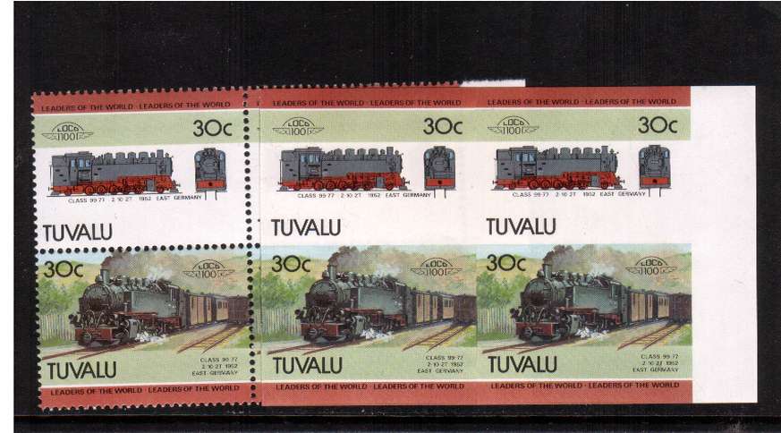 LEADERS - Trains - 4th Series. The 30c value in a superb unmounted mint right side marginal IMPERFORATE block of four with normal for comparison.