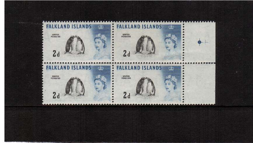 2d Black and Deep Blue - De La Rue printing. A superb unmounted mint positional right side marginal block of four showing the ''DEEP SCRATCH'' variety on Row 8/4. A rare variety, seldom offered! 
<br/><b>ZQF</b>