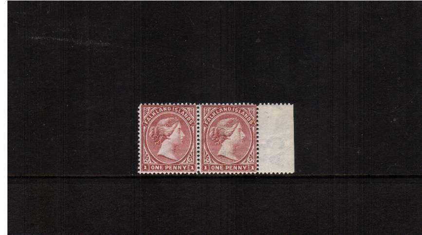 1d Pale Claret - Watermark Crown to Right of CA as seen from back.<br/>
A stunning SUPERB UNMOUNTED MINT right side marginal  clearly displaying<br/>the watermark on the front. A superb exhibition item!
<br/><b>ZQF</b>