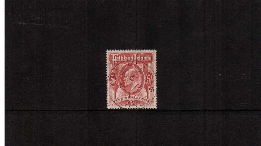 5/- Red. A superb fine used stamp ''socked on the nose'' with a FALKLAND ISLANDS upright double ring CDS dated NO 15 12. Lovely!
<br/><b>ZQF</b>