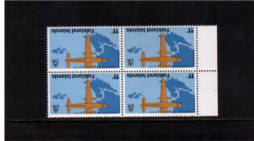 11p Opening of Stanley Airport. A superb unmounted mint marginal block of four showing WATERMARK INVERTED superb unmounted mint.
<br/><b>ZQF</b>