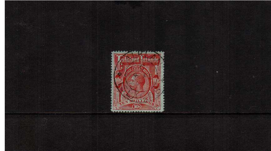 A superb fine used 10/- Red on Green cancelled with a large<br/>FALKLAND ISLANDS double ring CDS dated 4 FE. A stunning stamp!
<br/><b>ZQF</b>