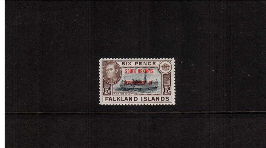 the SOUTH ORKNEYS overprinted 6d ''Ship'' stamp showing<br/>the Blue-Black shade superb unmounted mint.
<br/><b>ZQF</b>